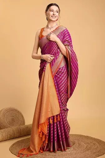 purple silk blend printed saree with blouse