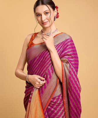 purple silk blend printed saree with blouse 3