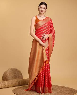 red silk blend printed saree with blouse 1