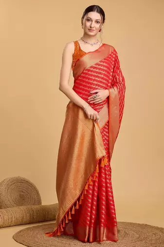 red silk blend printed saree with blouse