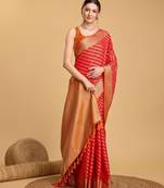 red silk blend printed saree with blouse
