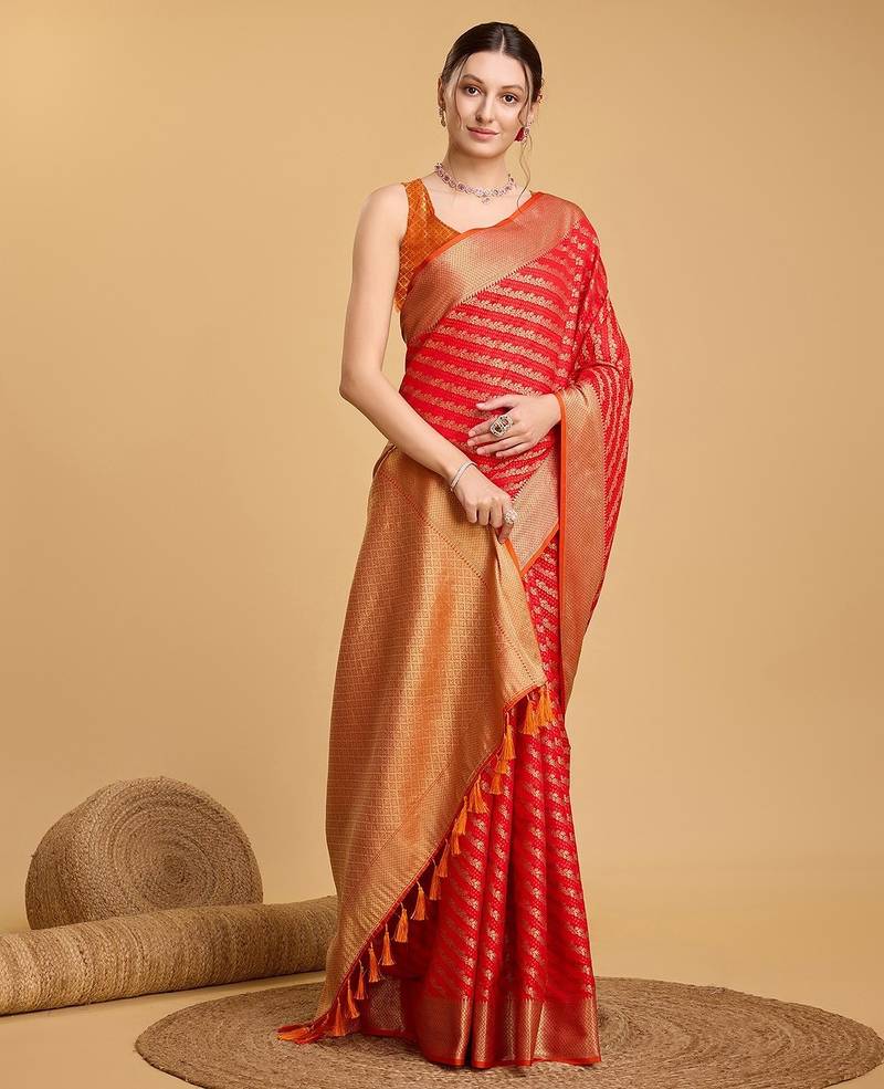red silk blend printed saree with blouse