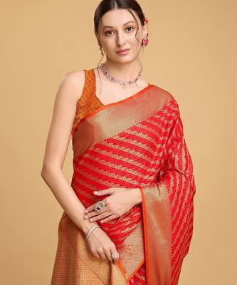 red silk blend printed saree with blouse 2