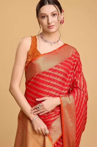 red silk blend printed saree with blouse