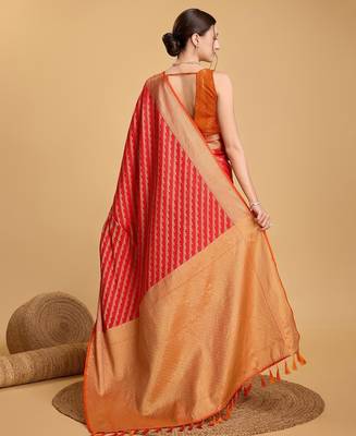 red silk blend printed saree with blouse 3