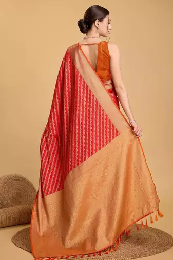 red silk blend printed saree with blouse