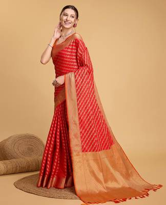 red silk blend printed saree with blouse 5