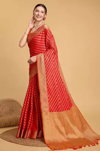 red silk blend printed saree with blouse