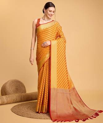 yellow silk blend printed saree with blouse 1