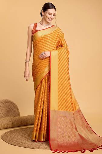 yellow silk blend printed saree with blouse