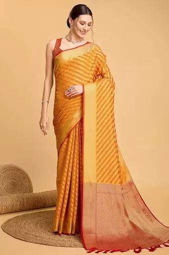 yellow silk blend printed saree with blouse
