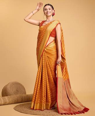 yellow silk blend printed saree with blouse 2