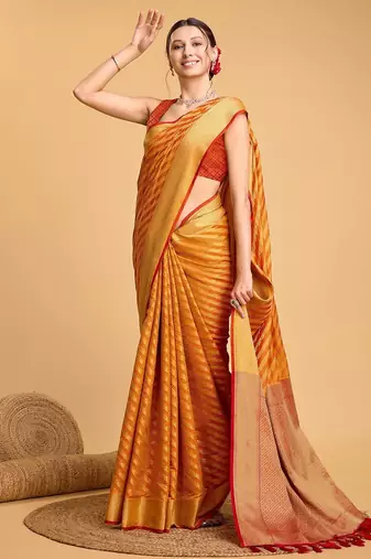 yellow silk blend printed saree with blouse