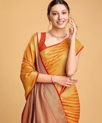 yellow silk blend printed saree with blouse 3