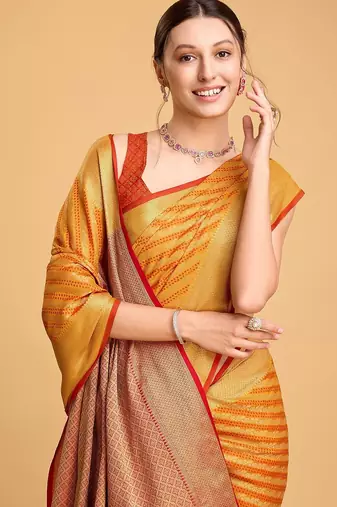 yellow silk blend printed saree with blouse