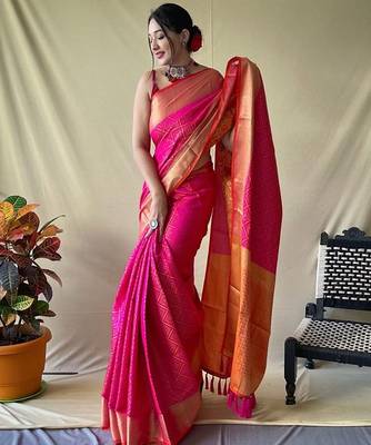 pink silk blend printed saree with blouse 1