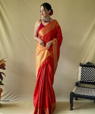 red silk blend printed saree with blouse 1