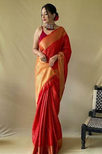 red silk blend printed saree with blouse