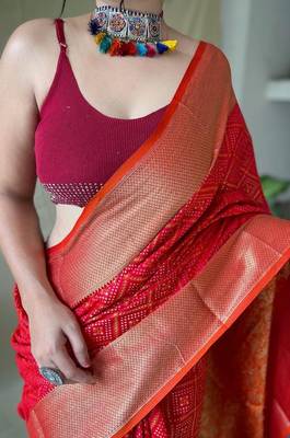 red silk blend printed saree with blouse 2