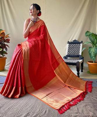 red silk blend printed saree with blouse 3