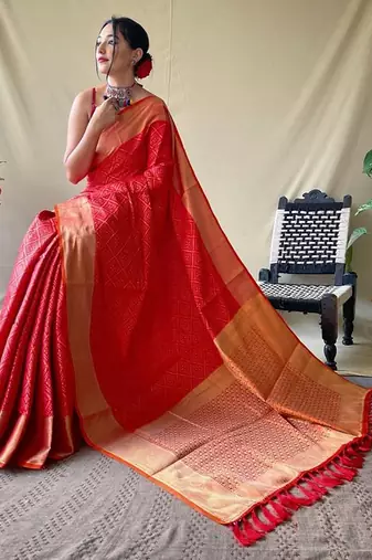 red silk blend printed saree with blouse