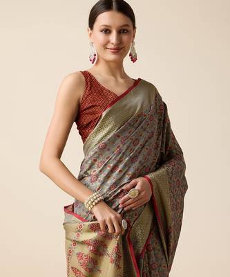 blue silk blend printed saree with blouse 3