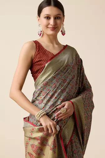 blue silk blend printed saree with blouse
