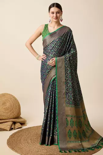 green silk blend printed saree with blouse