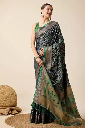 green silk blend printed saree with blouse