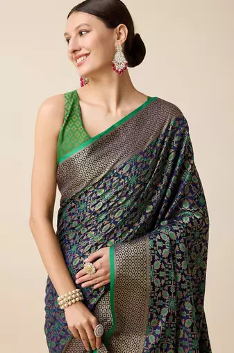green silk blend printed saree with blouse