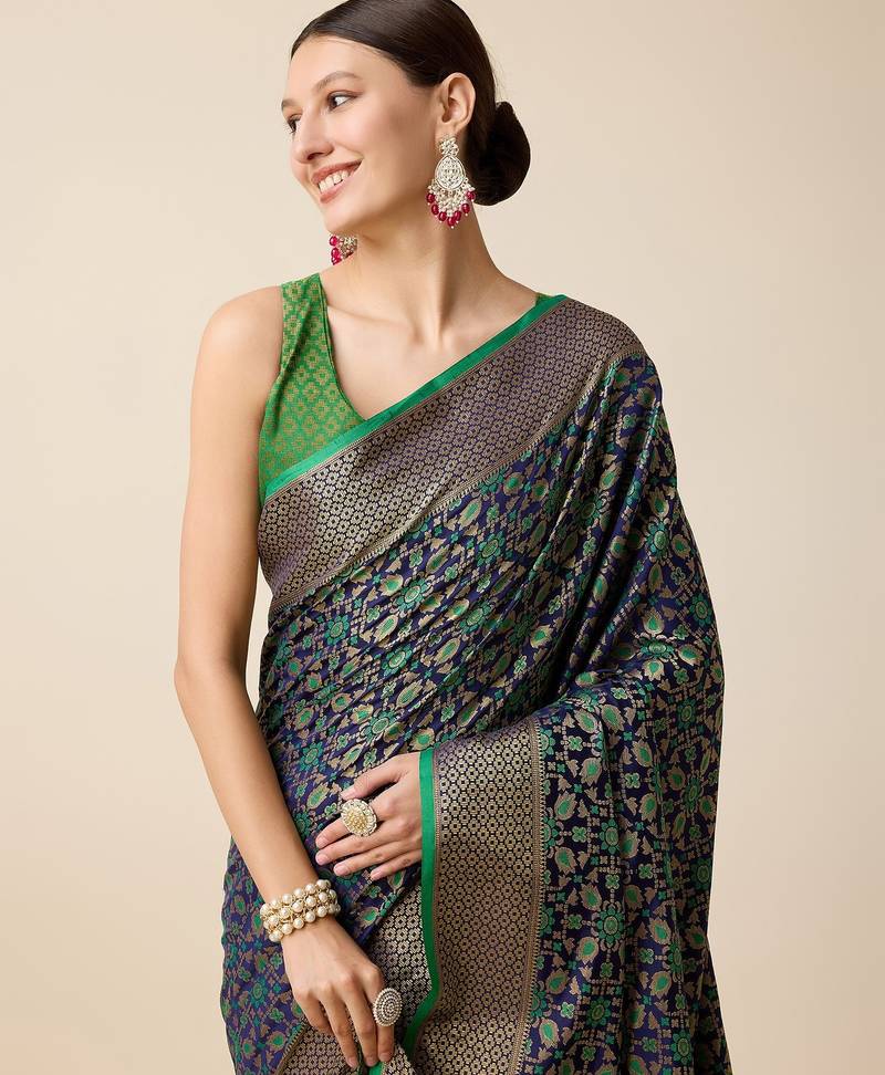 green silk blend printed saree with blouse