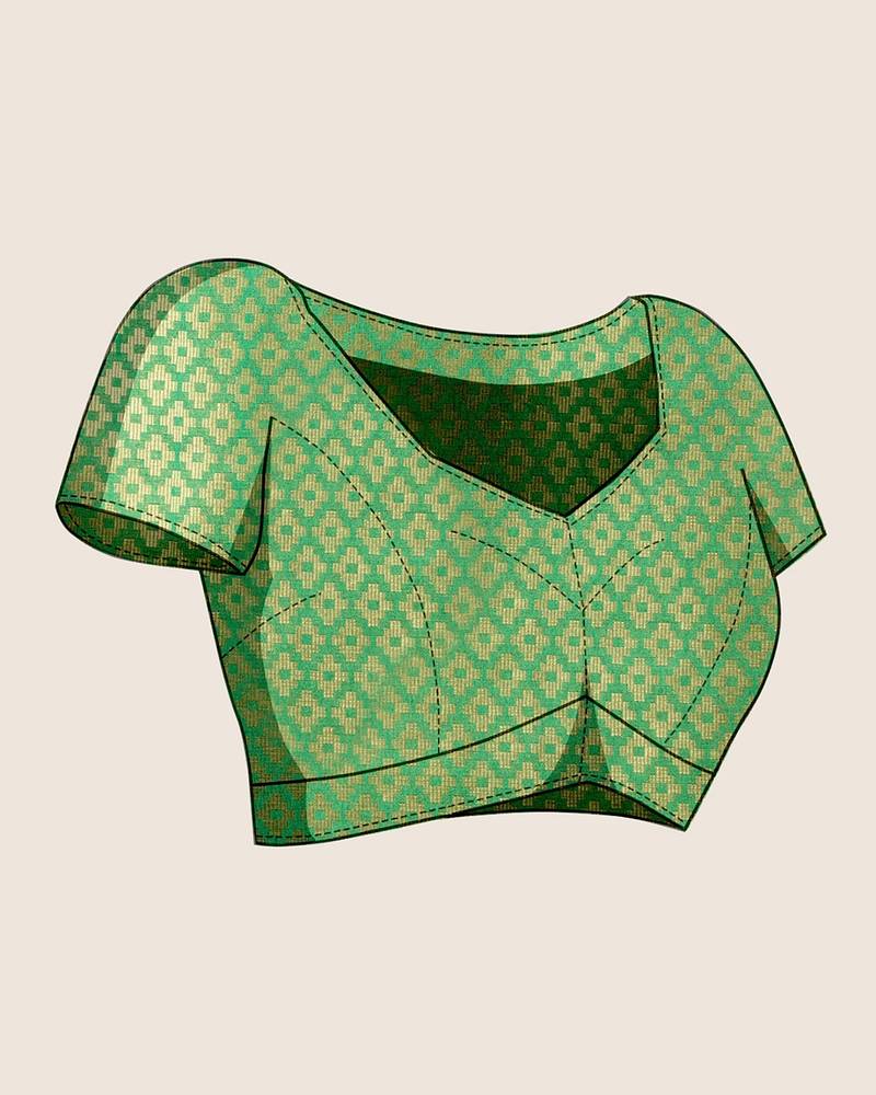 green silk blend printed saree with blouse