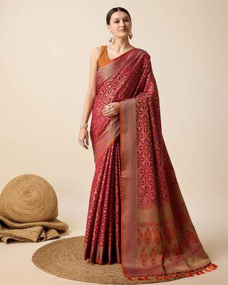pink silk blend printed saree with blouse 1