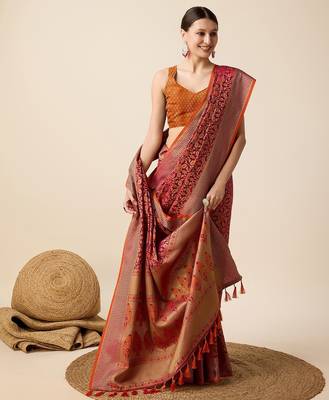 pink silk blend printed saree with blouse 2