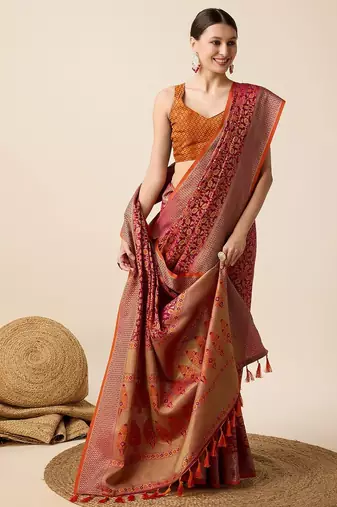 pink silk blend printed saree with blouse