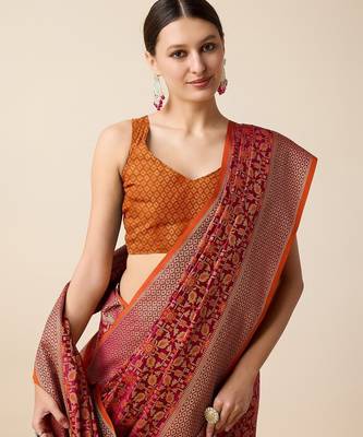 pink silk blend printed saree with blouse 3