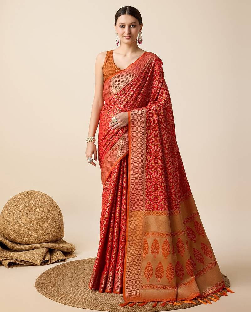 red silk blend printed saree with blouse