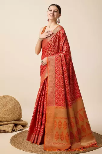 red silk blend printed saree with blouse