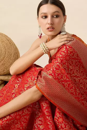 red silk blend printed saree with blouse