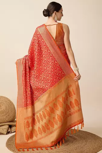 red silk blend printed saree with blouse