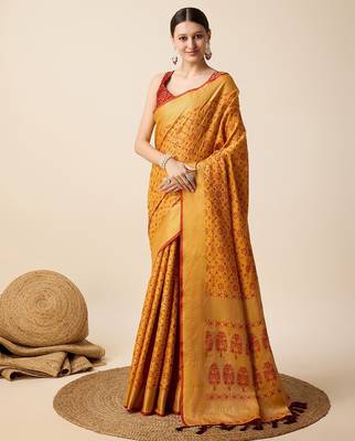yellow silk blend printed saree with blouse 1