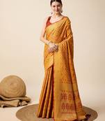 yellow silk blend printed saree with blouse