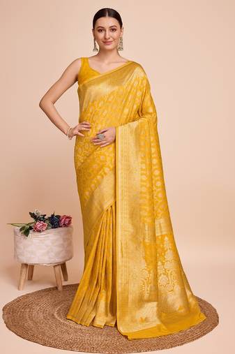 yellow silk blend printed saree with blouse