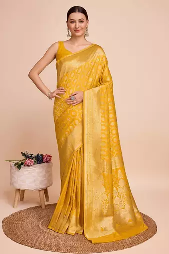 yellow silk blend printed saree with blouse