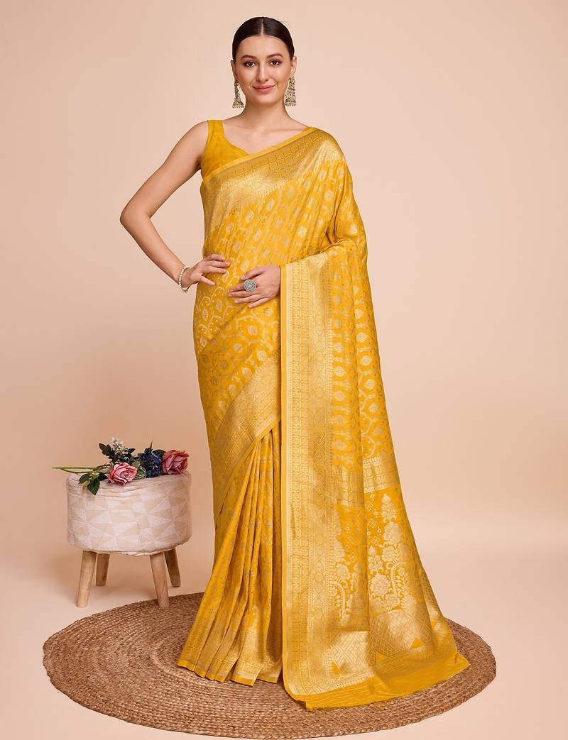 yellow silk blend printed saree with blouse