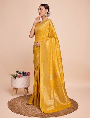 yellow silk blend printed saree with blouse 2