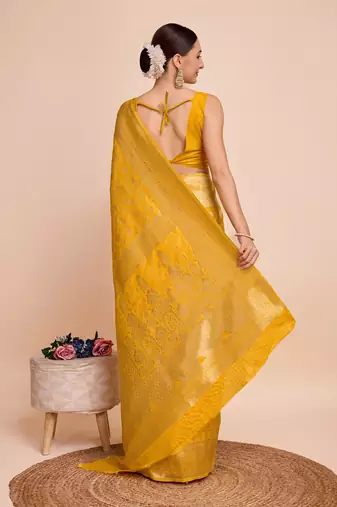 yellow silk blend printed saree with blouse