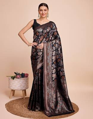 black silk blend printed saree with blouse 1