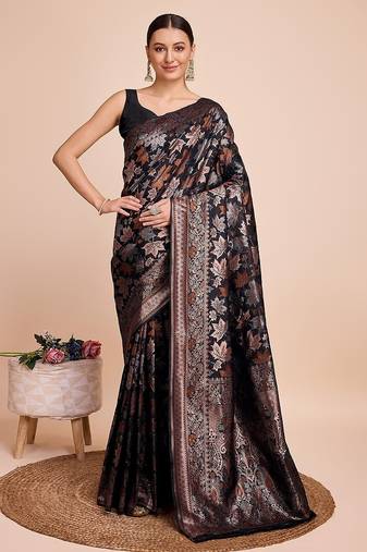 black silk blend printed saree with blouse