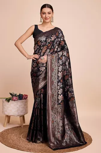 black silk blend printed saree with blouse